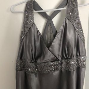 Silver gown with sheer back and jeweled detail